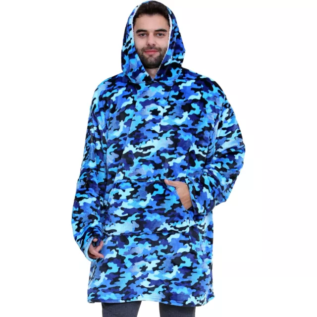 Unisex Men's Ladies Oversized Hoodie Camo Blue Snuggle Super Soft Warm Blanket