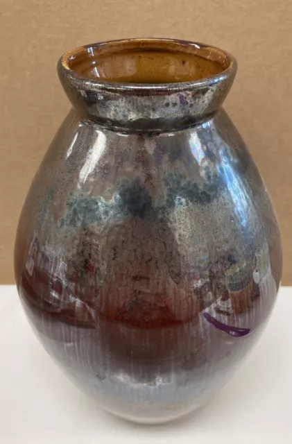 Raku Drip Pottery Vase Iridescent Blue Purple Red Brown Tan Studio Art Vase