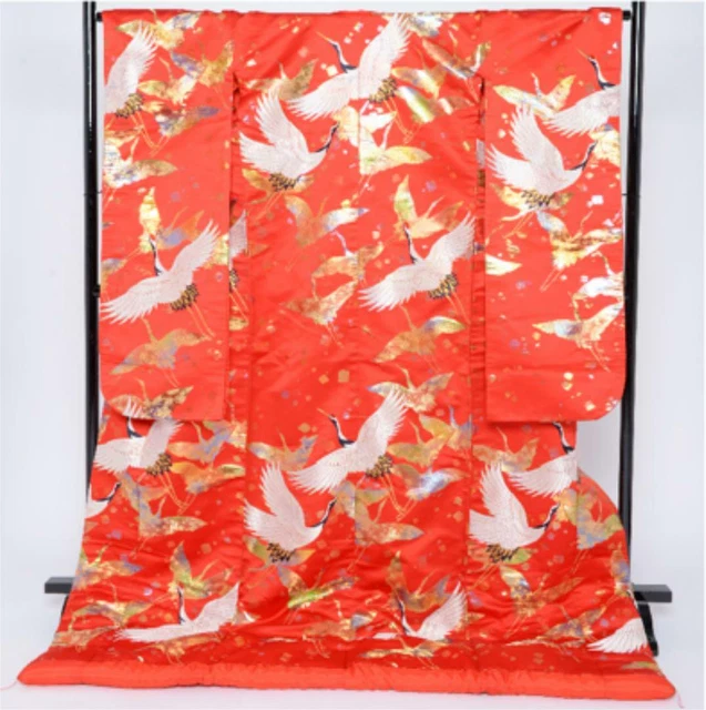 Uchikake kimono vermilion crane pattern single color ladies furisode Used
