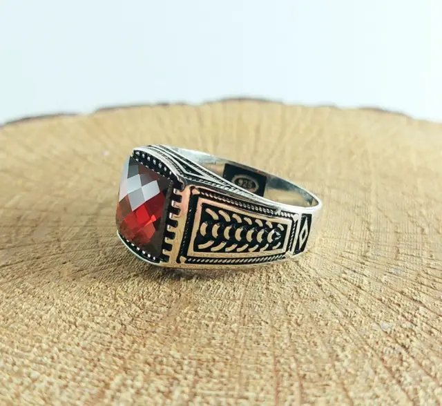 925 Sterling Silver Handmade Men's Ring with Square Shape Red Ruby Stone