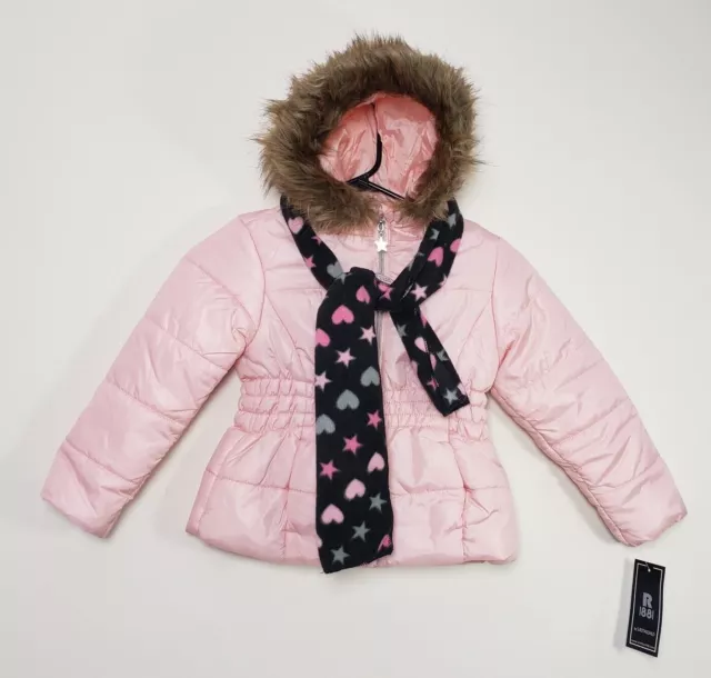 Rothschild Girls 5-6 Pink Blush Puffer Hoodie Zip Pocket Jacket & Scarf NWT