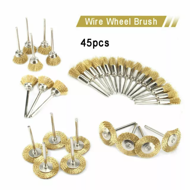 45Pack 3mm Brass Wire Wheel Polishing Mix Brush Set Dremel Rotary Shank Tool