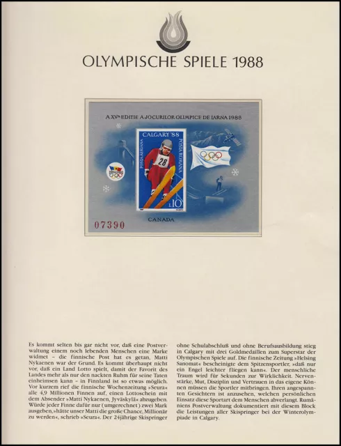 Olympia 1988 Calgary - Rumänien, Block ungezähnt Skispringer olympische Ringe **