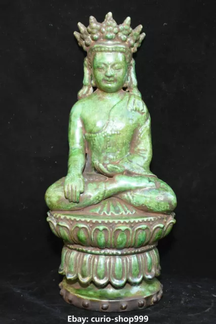 14.2"Old Green Glaze Porcelain Lotus Shakyamuni Sakyamuni Amitabha Buddha Statue