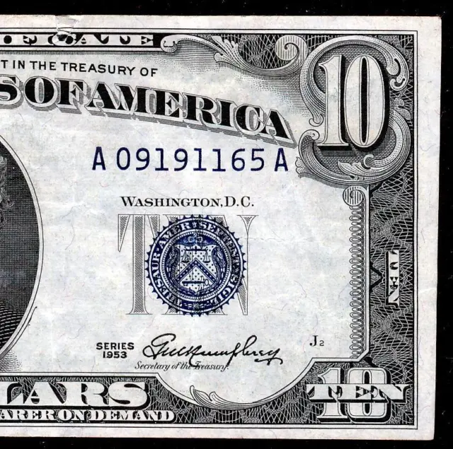 Fr.1706 1953 $10 SILVER CERTIFICATE BLUE SEAL VF VERY RARE COLLECTIBLE MONEY