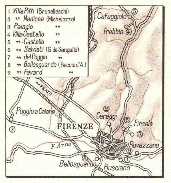 Italia, Ville Fiorentine architetti Rinascimento, Mappa epoca F3893, Vintage map
