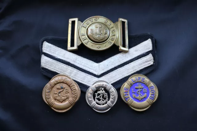 Boy’s Brigade Belt Buckle, corporal arm band, 3 life boys badges