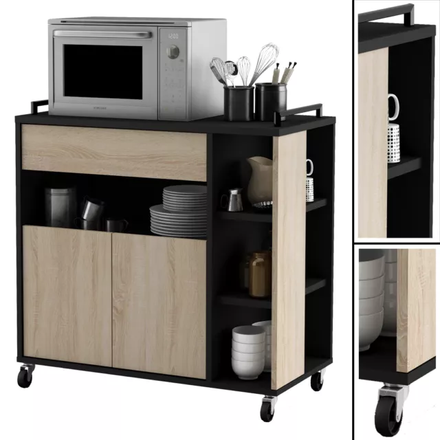 Küchenwagen EICHE mit schwarz Küchentrolley Schublade Küchenschrank Küchenhelfer
