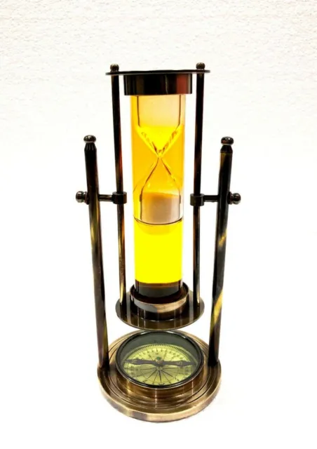 Antique Hourglass Revolving Liquid White 9" Brass Sand Timer With Compass Base