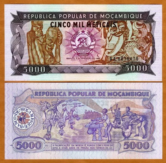 Mozambique, 5000 meticais, 1988, P-133a AA-Prefix UNC Weird Imagery