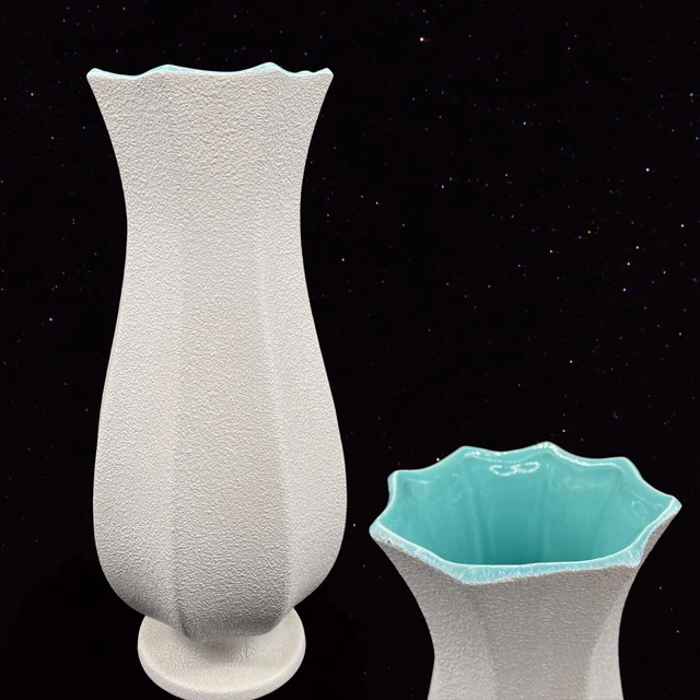 Royal Haeger Mid Century MCM White Pebble Finish Vase Blue Turquoise Inside 472