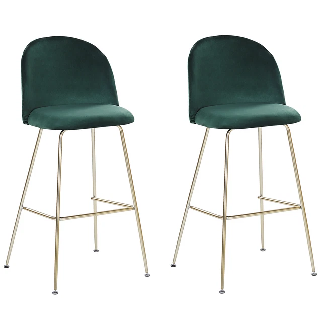 Lot de 2 Chaises Hautes de Bar Rembourrées en Velours Vert avec Pieds en Acier