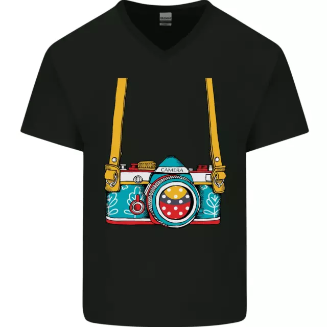 Photography Camera Around Neck Mens V-Neck Cotton T-Shirt
