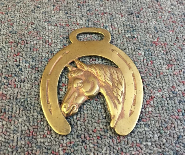 Antique HORSE HEAD HARNESS BRASS HORSESHOE BRIDLE OLD ROSETTE L@@K!