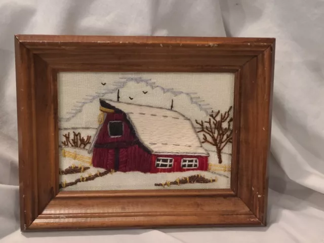 Vintage Needlepoint Cross Stitch Red Barn Farm Crossstitch Crewel - finished