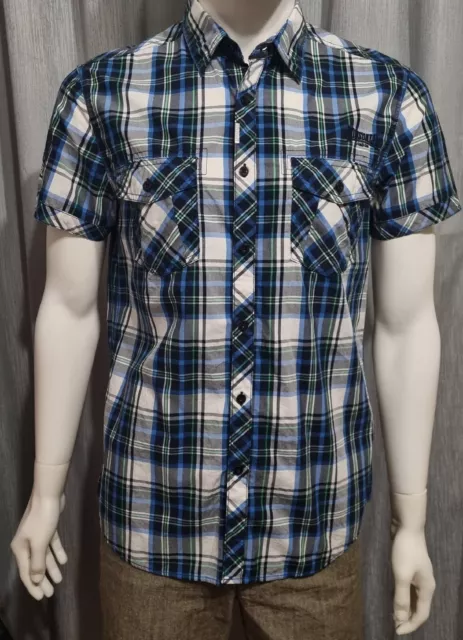 Lonsdale Mens Shirt Medium Blue Top Short Sleeve Check Button Up Pockets Cotton
