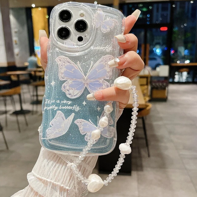 For iPhone 15 Pro Max 14 Pro 13 12 11 Bling Glitter Butterfly Phone Case W/Strap