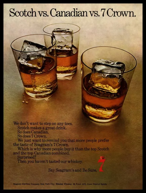 1970 Scotch vs. Canadian vs. Seagram's 7 Crown Whiskey Vintage Seven Print Ad