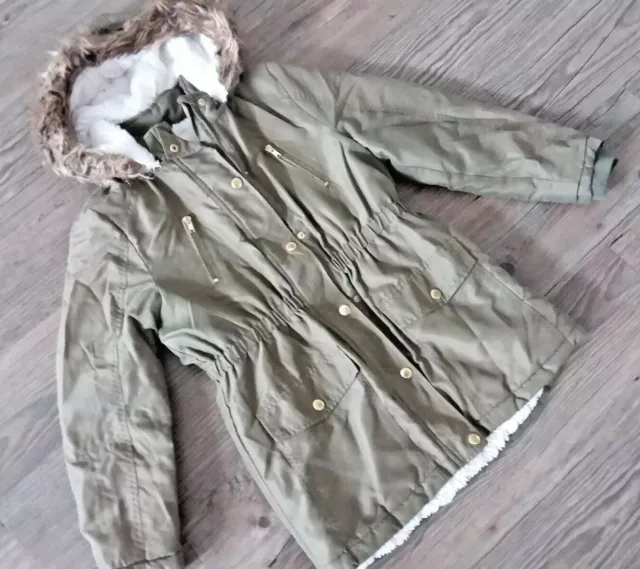 Age 9-10 - George Girls Khaki Winter Coat - Fur On Hood - Fur Lined - EXC COND