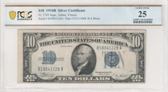 1934B $10 Silver Certificate Very Rare - PCGS Graded Very Fine 25