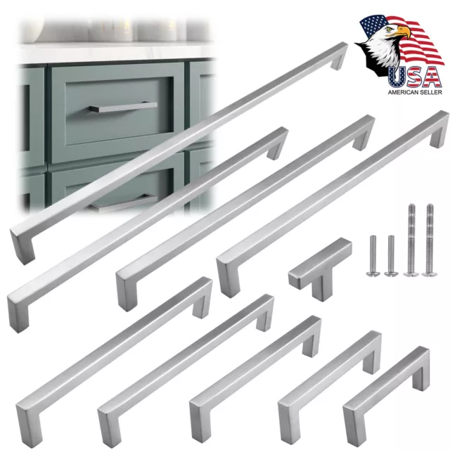 Brushed Nickel Square Cabinet Handles Pulls Kitchen Bathroom Stainless Steel