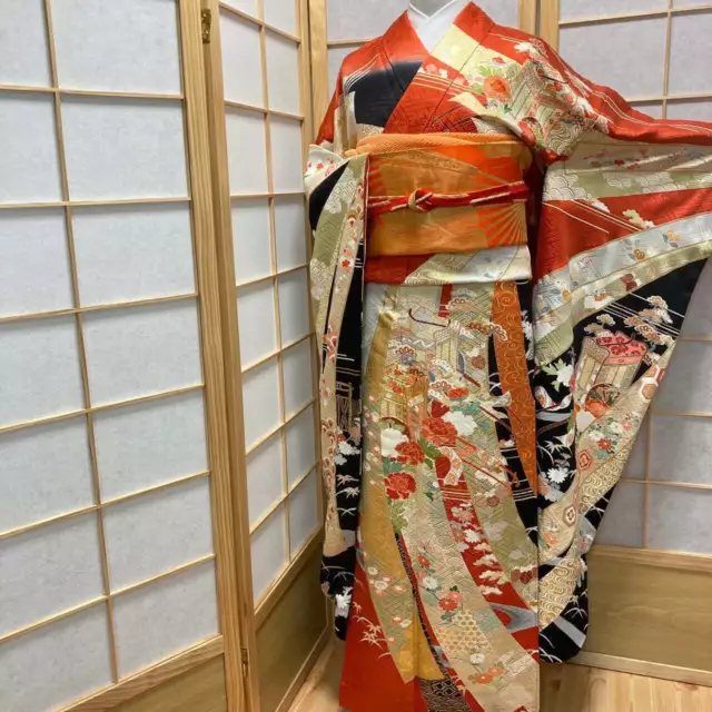9171# Japanese Vintage Kimono Obi Obijime Obiage 4-Piece Set Pure Silk Robe Red