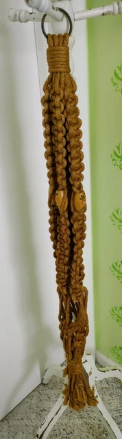 Vintage 70s MCM Brown Macrame Planter Plant Hanger Hand Painted Wood Beads 37”