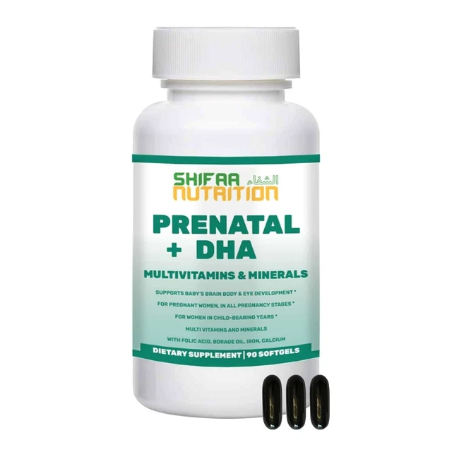 HALAL PRENATAL VITAMINS with DHA and Folic Acid 30 Servings SHIFAA
