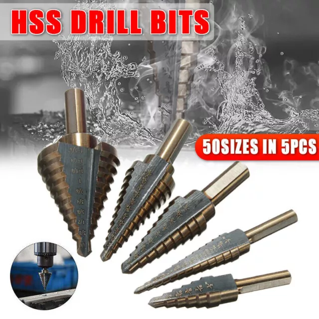 5PCS HSS Step Steel Cone Drill Hole Cutter Titanium Bits Set Kit + Aluminum Case