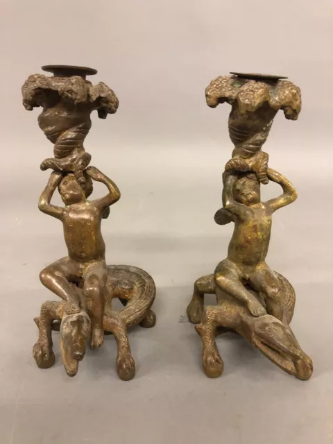 Pr Of Heavy Antique Brass Candlesticks Of Cherubs Riding Lizards 8 3/4” X 4” X 5