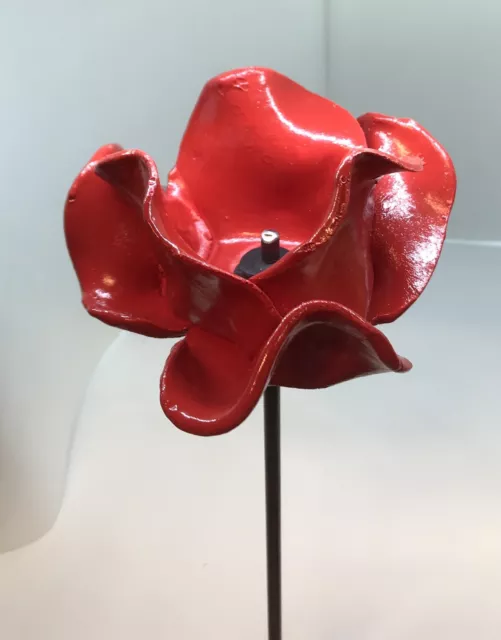 Red Ceramic Poppy On Steel Stem. Hand Made.