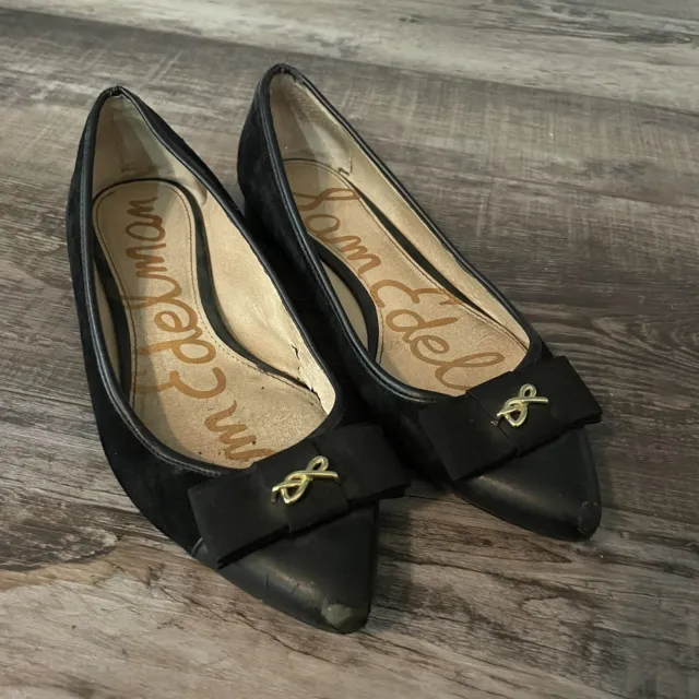 Sam Edelman Womens Lizzy Pointy Toe Ballet Flats Size 7.5 Black Suede Gold Bow