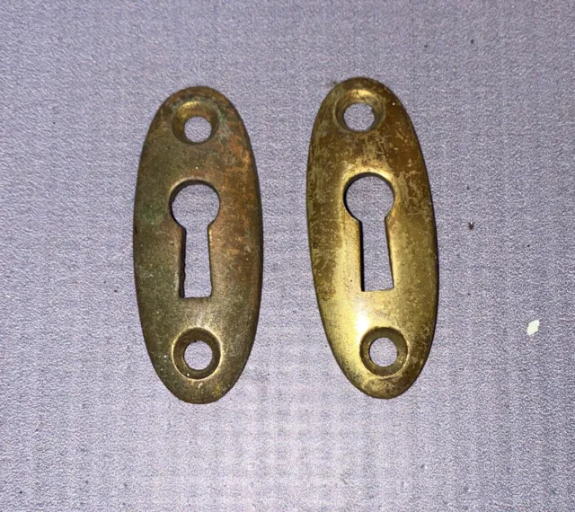 Two Antique Cast Brass Keyhole Door Escutcheons 1 7/8"