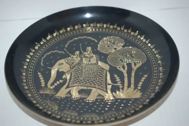 Magnificent Large Enameled Brass Bowl With Etched Design Elephants/Riders