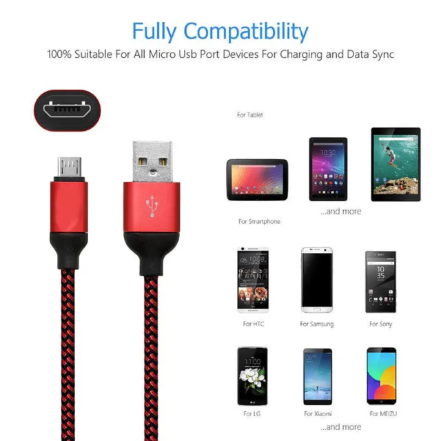 1M/2M  Strong Braided Micro USB Data Charger Cable Cord For Android Samsung S7 6 2