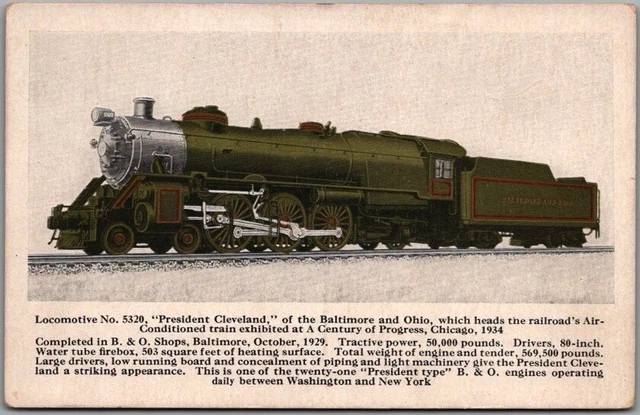 1933 Chicago World's Fair Postcard B&O RAILROAD "President Cleveland" Locomotive