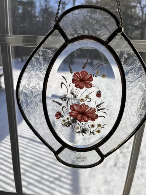 Lyford Beveled Leaded Stained Glass Suncatcher Red Floral Pattern 8 3/4" X 7"
