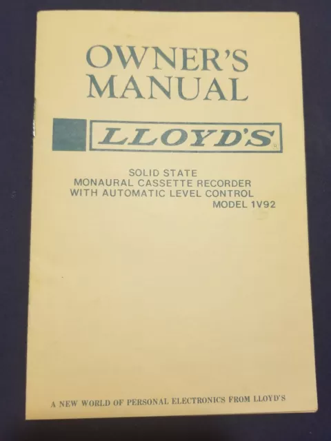 5-page Owner's Manual Lloyd's cassette recorder Model 1V92 (1970)