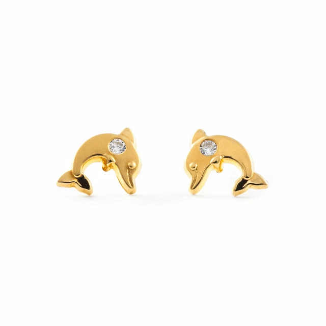 Boucles d'oreilles fille ♥ Dauphin, or 18k et perle, fermoir vis