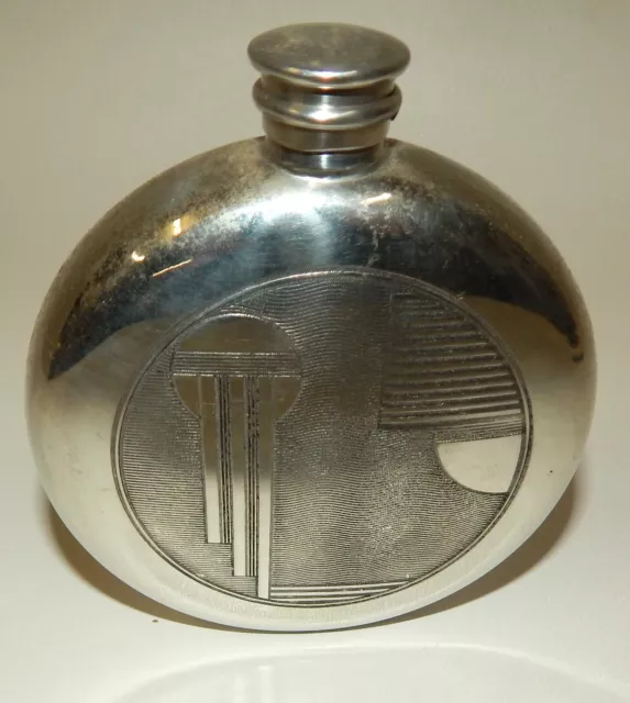 Sheffield English Pewter Art Deco Round Pocket Flask Bottle