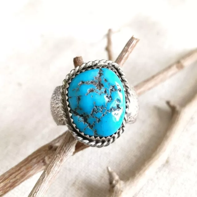 Navajo Sleeping Beauty Turquoise Tufa Cast Thick Sterling Silver Ring Size 7.5