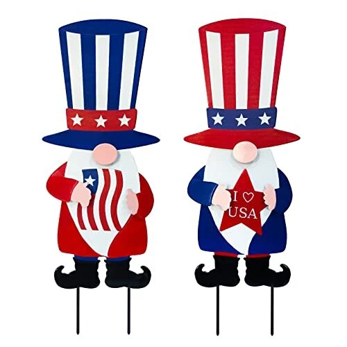 4th of July Decorations 2 Pcs Metal Gnomes Yard Signs with Uncle Sam Hat Garden