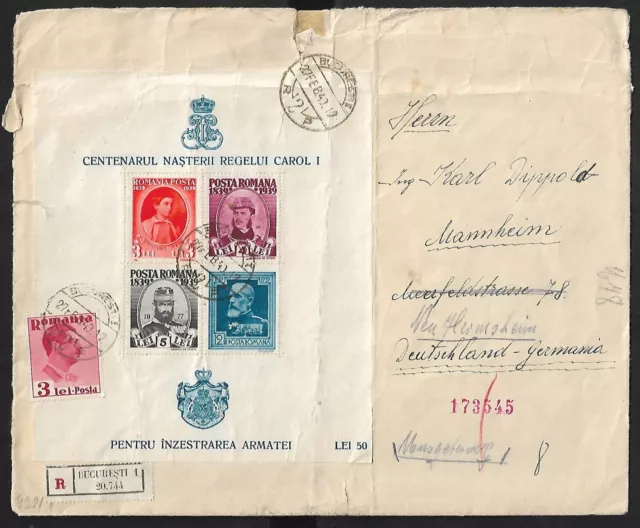 Romania To Germany Souvenir Sheet Censor Cover 1940 Very Scarce