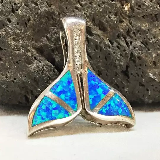 Hand Made 925 Sterling Silver Blue Opal Stone Mermaid Tail Shaped Pendant