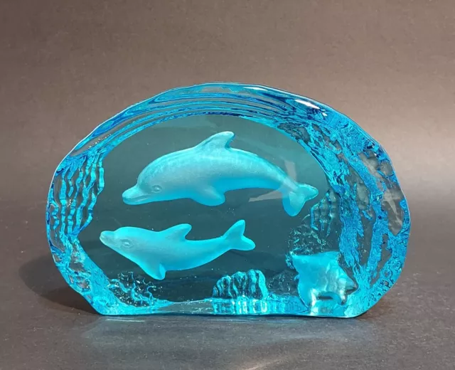 Aqua Blue Art Glass Double Dolphin Paperweight/ Sculpture Etched