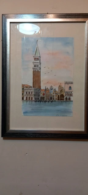 Quadro Aquarello Veduta Piazza San Marco Venezia Firmato Cornice Legno