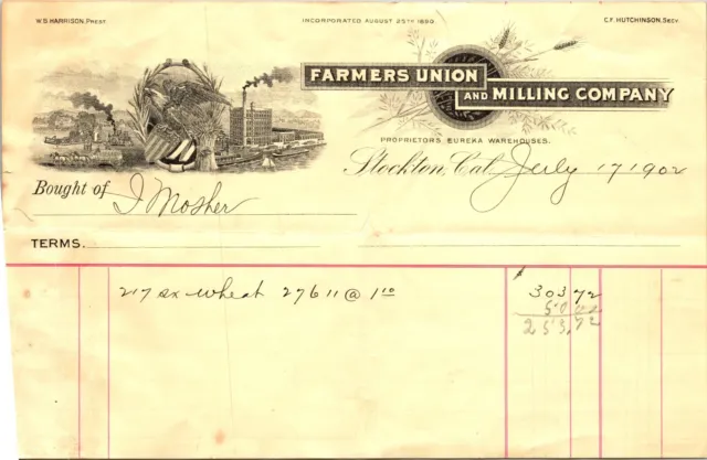 Farmers Union & Milling Co Stockton CA 1902 Billhead Wheat & Eagle Vignette