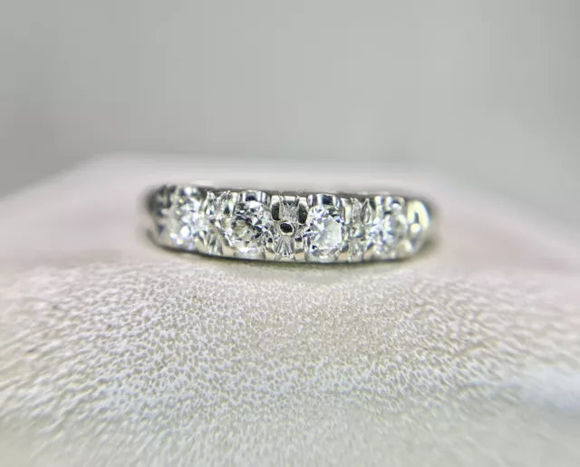 Vintage 14k White Gold Natural Round Diamond Four Stone Wedding Band Ring 1/3 ct