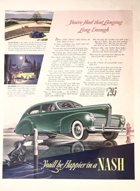 1940~Nash Lafayette~ Green Sedan In Rain~Classic Car~40s Art~Vintage Print Ad