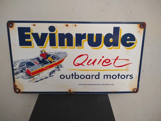 Evinrude Vintage Porcelain Sign 1957 18" Outboard Boat Motor Sales Service Gas
